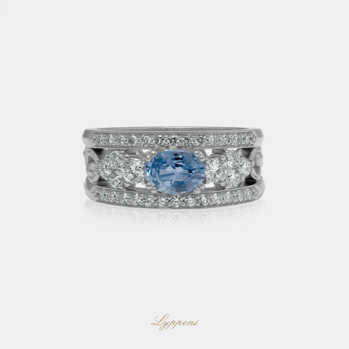 Witgouden band ring met een ovale saffier en briljant geslepen diamant.