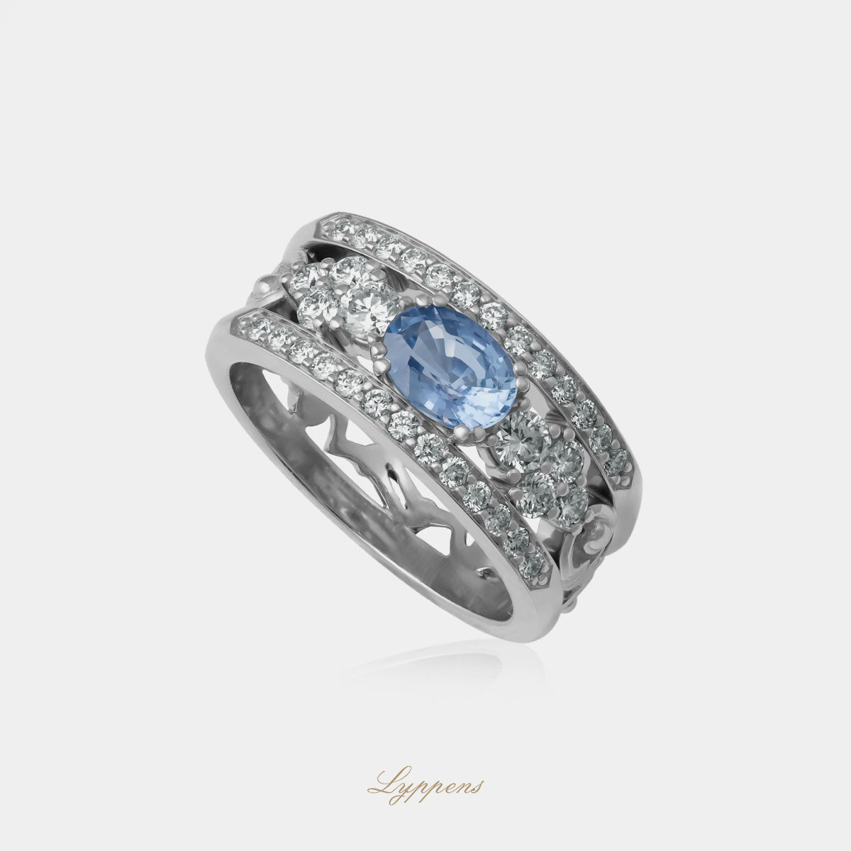 Witgouden band ring met een ovale saffier en briljant geslepen diamant.