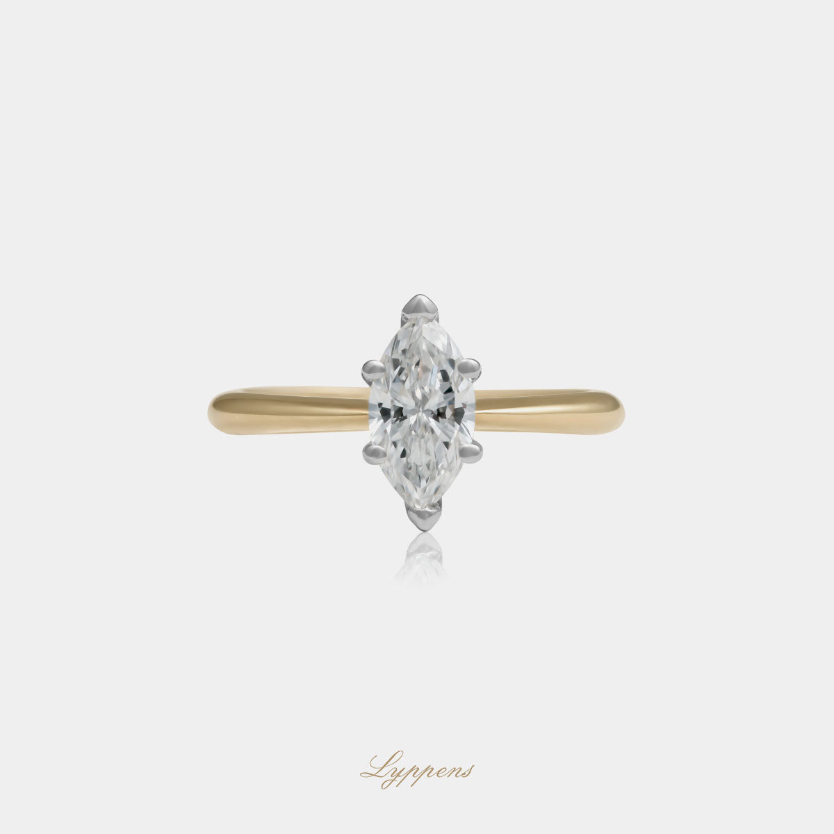 18kt geel- en witgouden solitair ring met markies geslepen diamant 0.70 ct D VS2, GIA gecertificeerd
