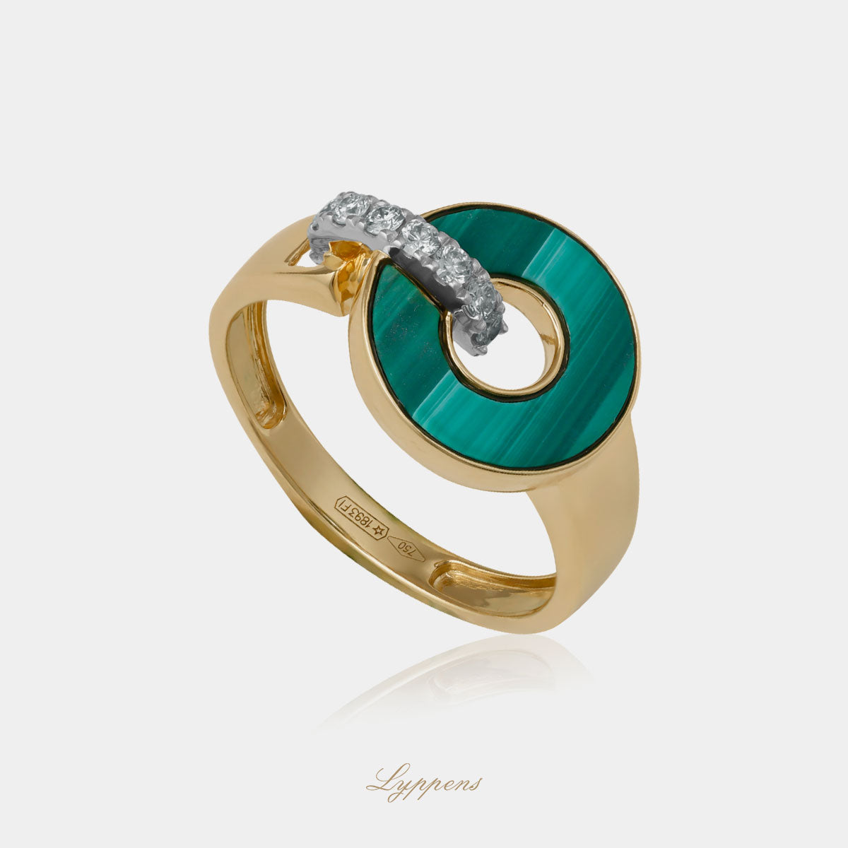 Yellow gold ring with malachite and diamonds