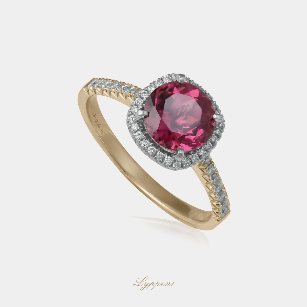 Geel- en witgouden entourage ring met rhodoliet en diamanten