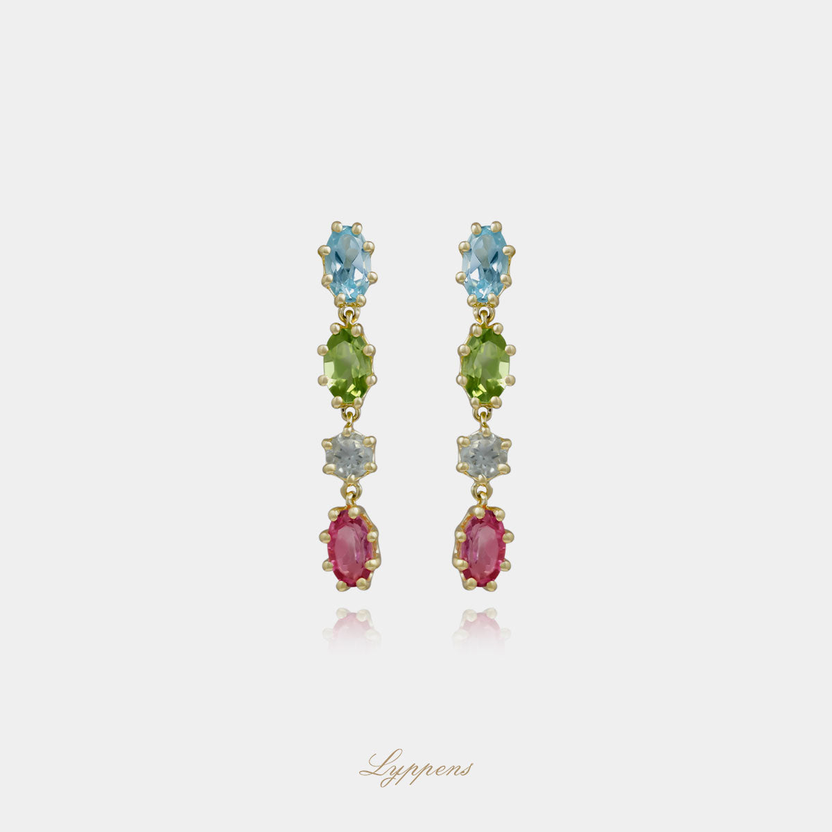 Yellow gold earrings set with peridot, prasiolite and topaz