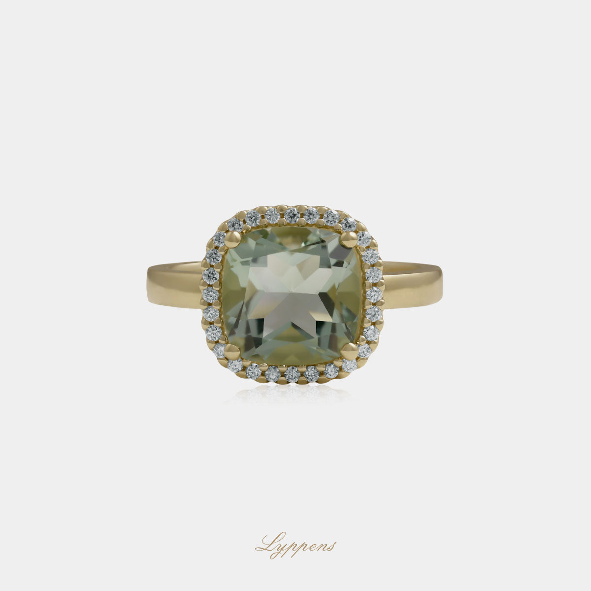 Yellow gold halo ring with prasiolite and diamonds