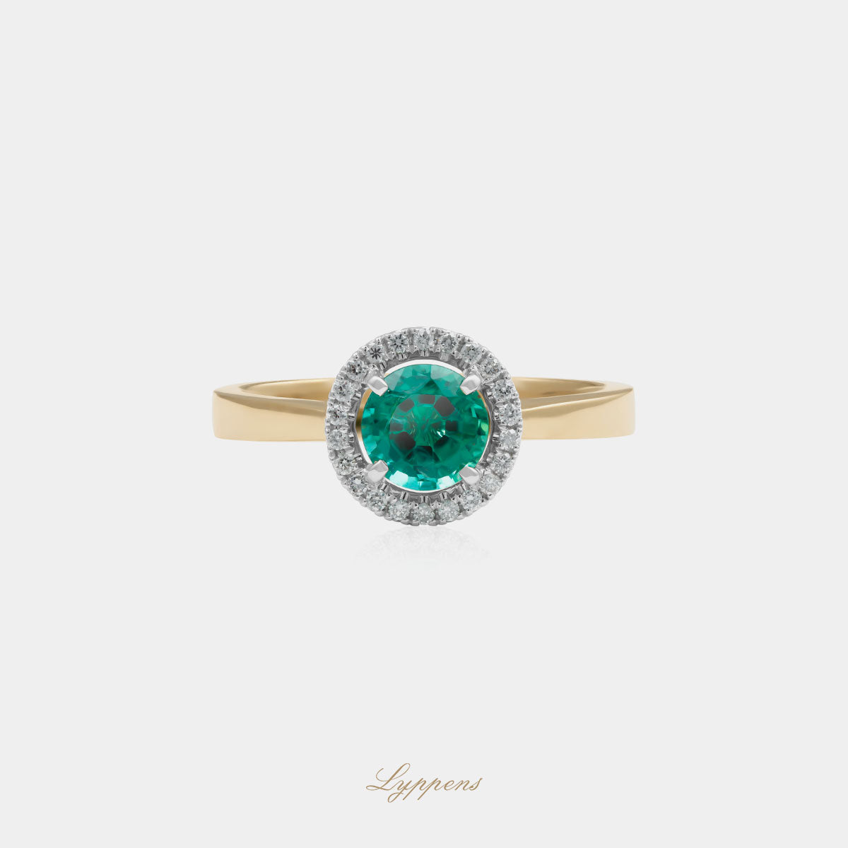 18 karaat geel witgouden ring met smaragd en briljant geslepen diamant entourage 0.09ct
