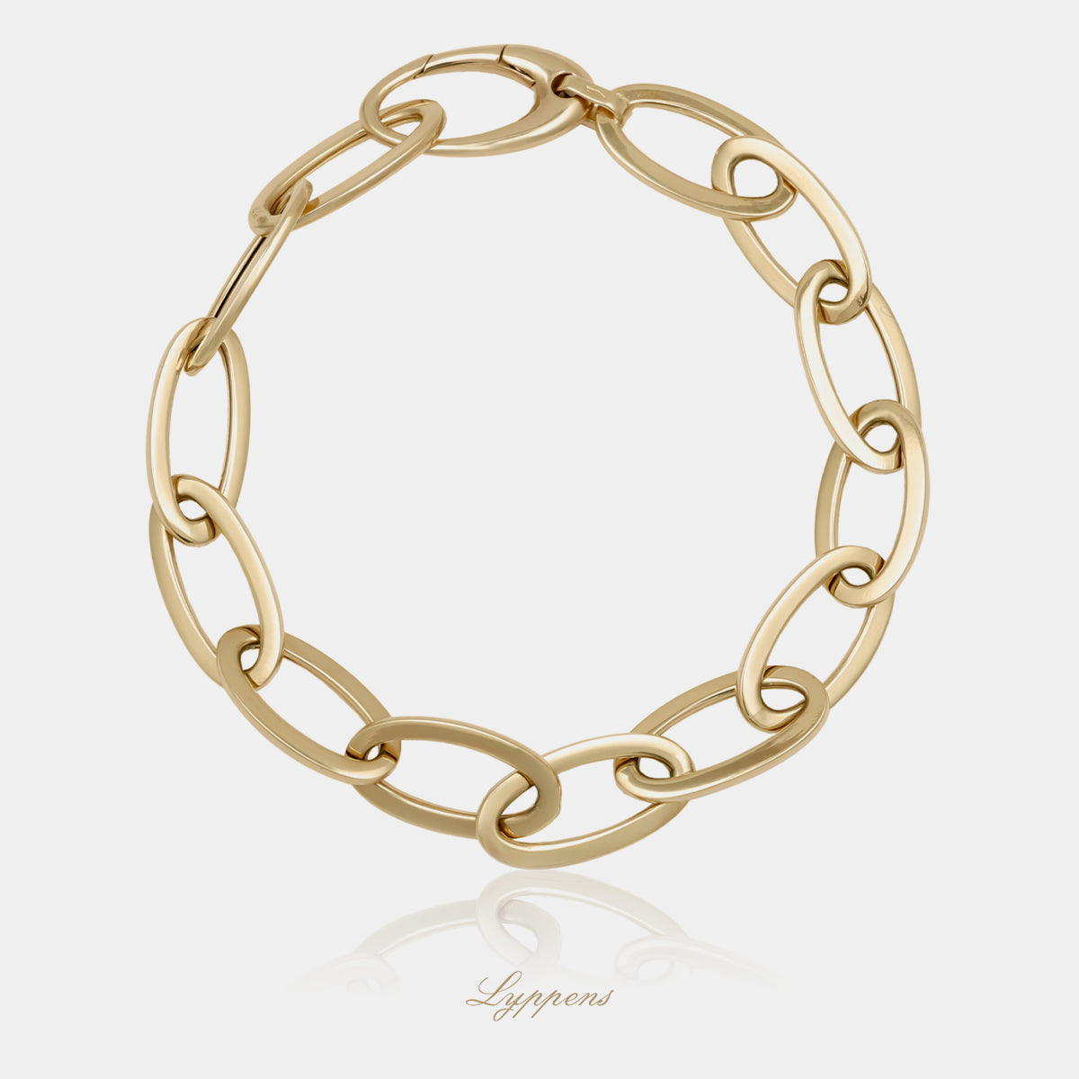 14kt geelgouden fantasie schakelarmband opgebouwd uit ovale schakels
