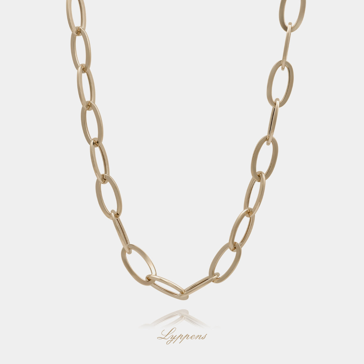 14kt geelgouden fantasie schakelcollier opgebouwd uit ovale schakels