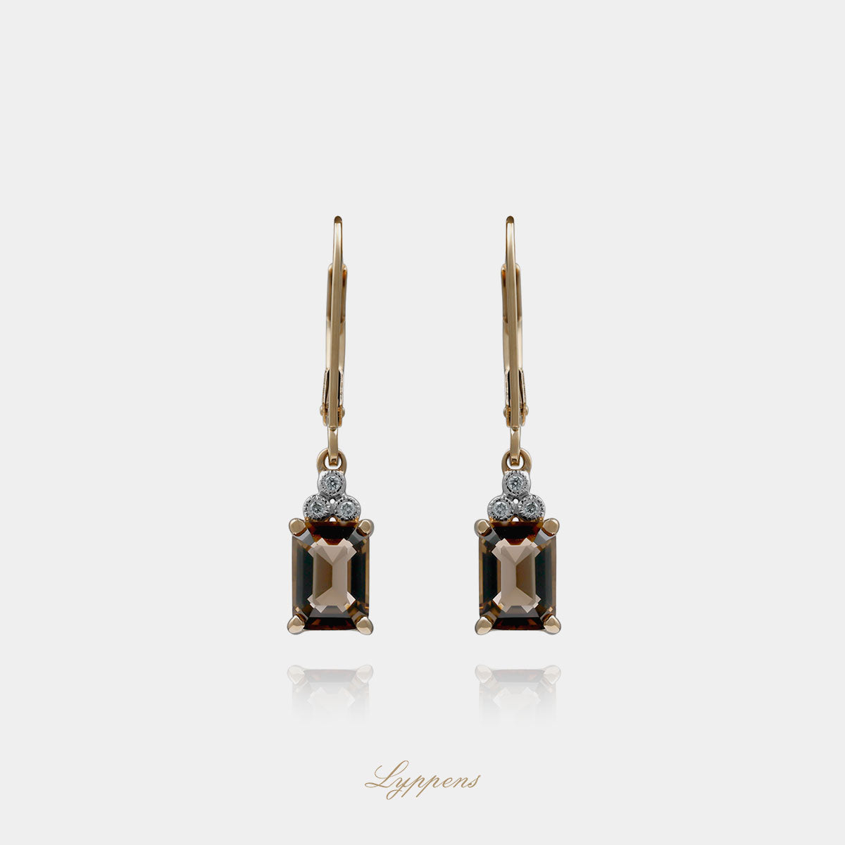 14kt geelgouden oorhangers met briljant diamant 0.03ct H SI1 en rechthoekige rookkwarts