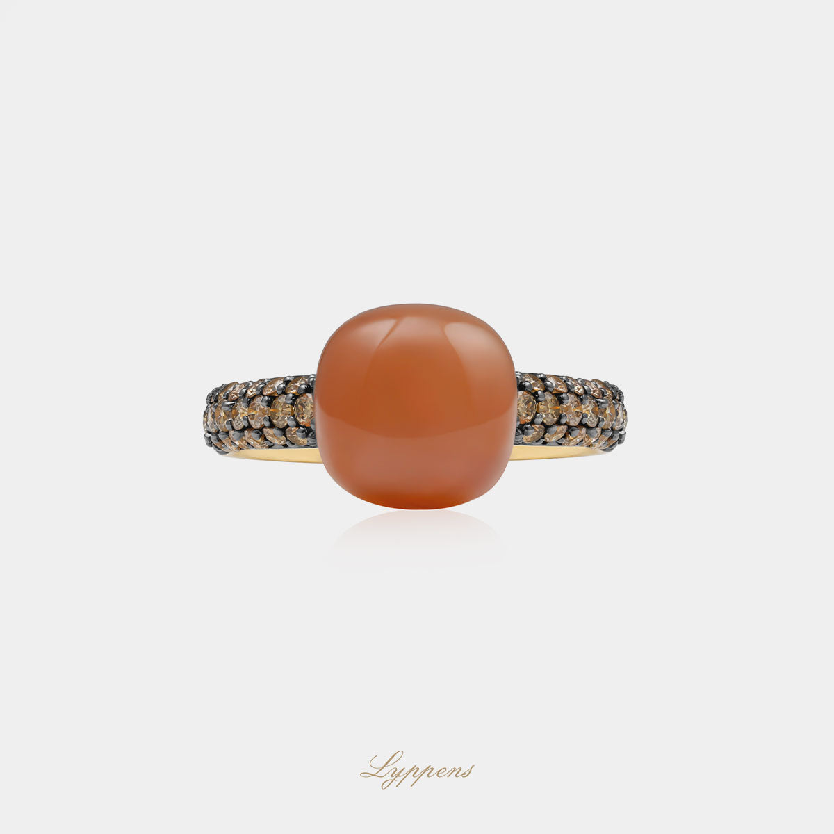 18 karaat geelgouden ring met maansteen en bruine briljant diamant pavé 0.65ct
