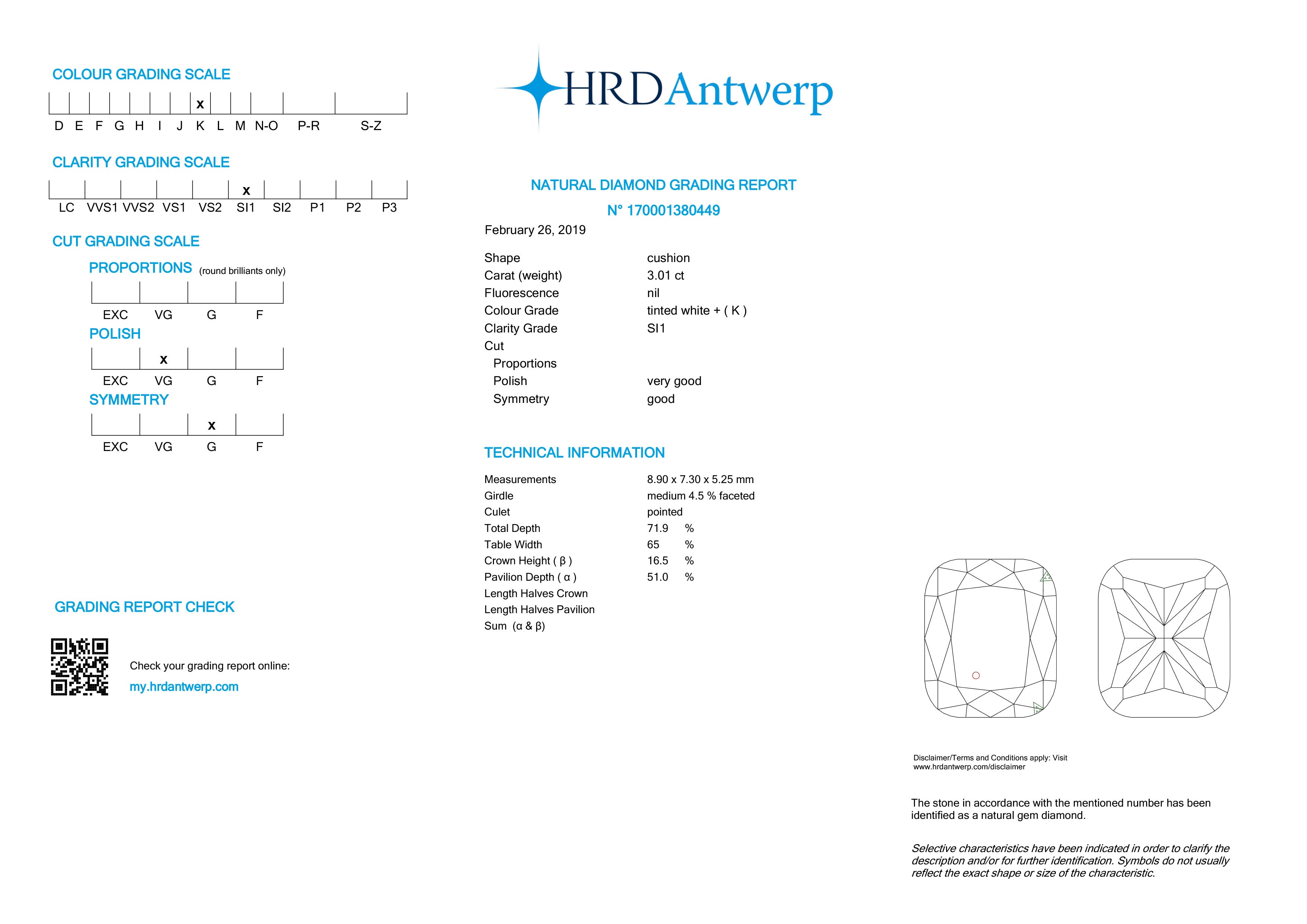 HRD certificaat van een kussen geslepen diamant met een totaalgewicht van 3.01ct.