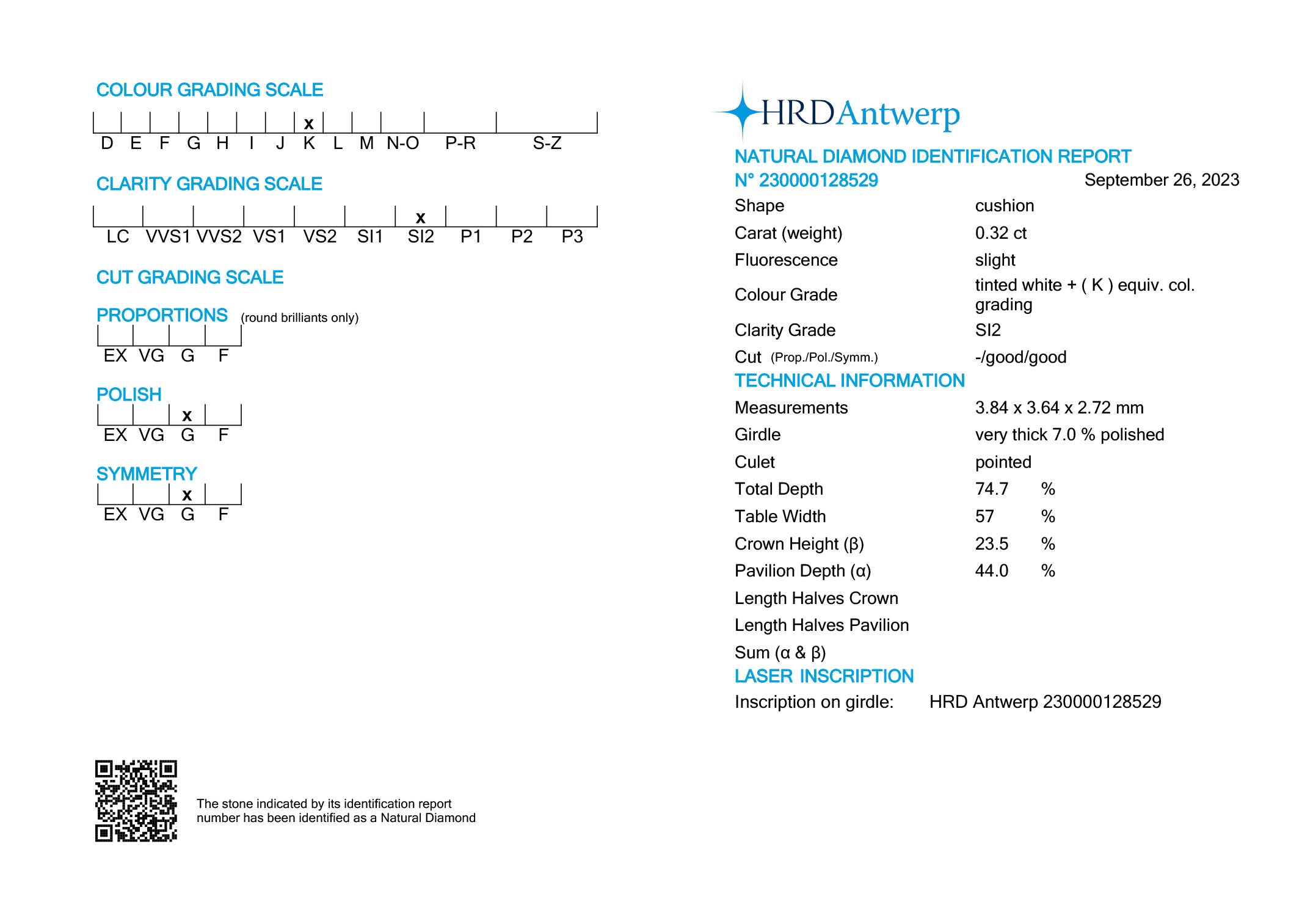 HRD certificaat van een kussen geslepen diamant met een totaalgewicht van 0.32ct.