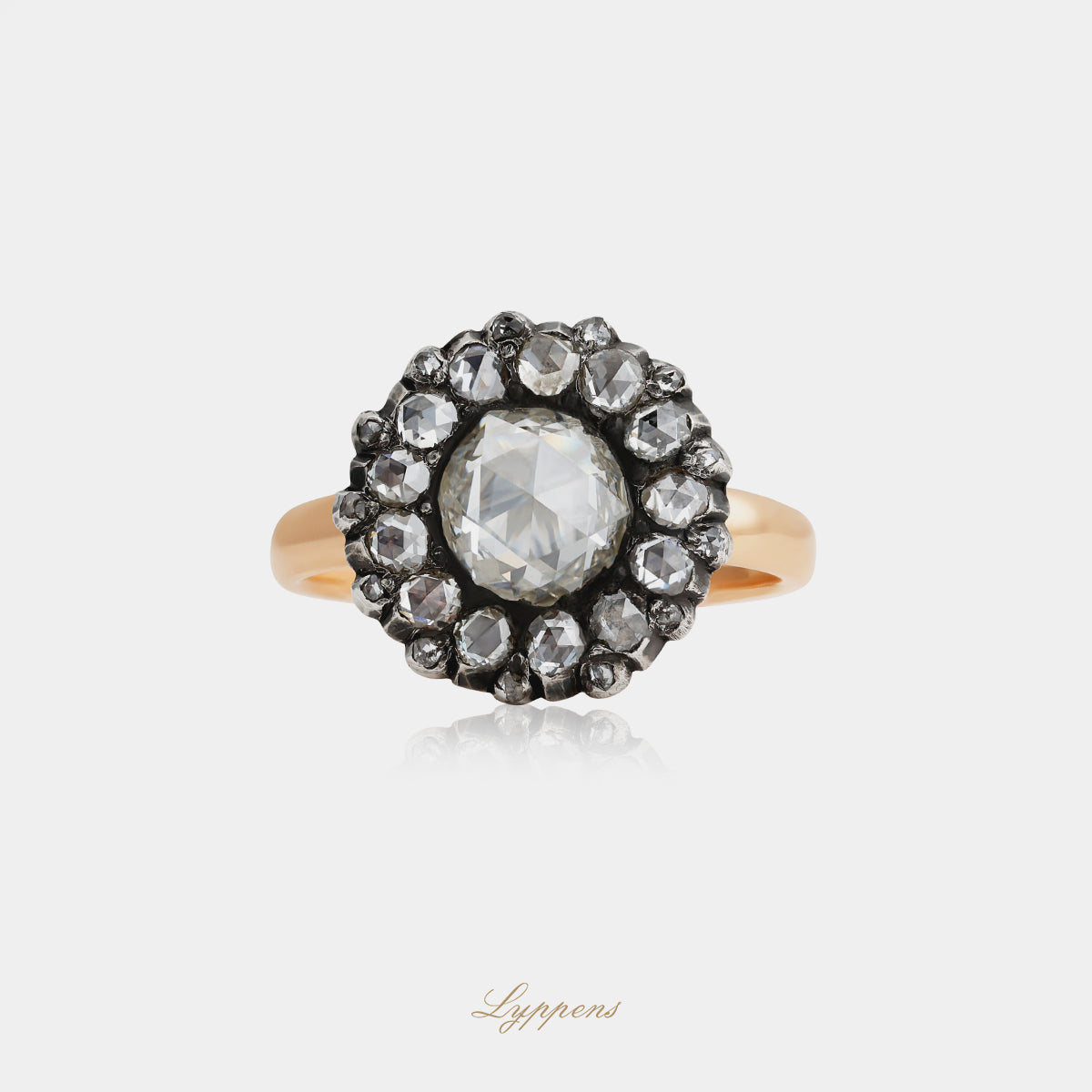 14kt roségouden antieke entourage ring met roos geslepen diamant ca. 1.00ct en roosdiamant halo