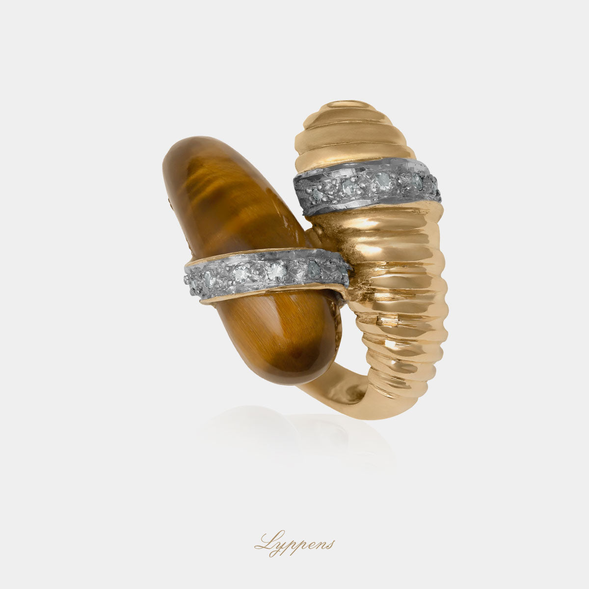 Geel- met witgouden vintage jaren ‘70 ring met tijgeroog en diamant