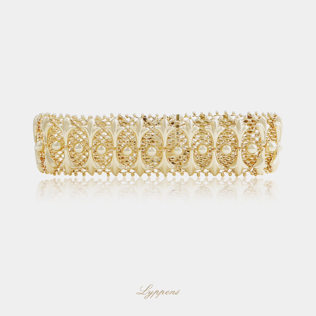 14kt geelgouden vintage jaren ’60 armband met opengewerkte schakels, Franse leliemotief en fijn gevlochten goudwerk
