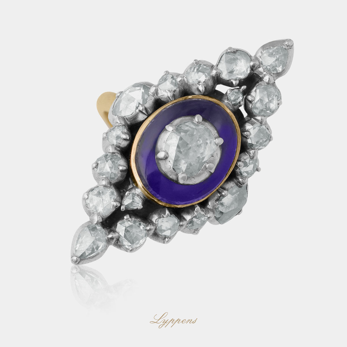 Yellow gold and silver Victorian ring with enamel and rose cut diamonds