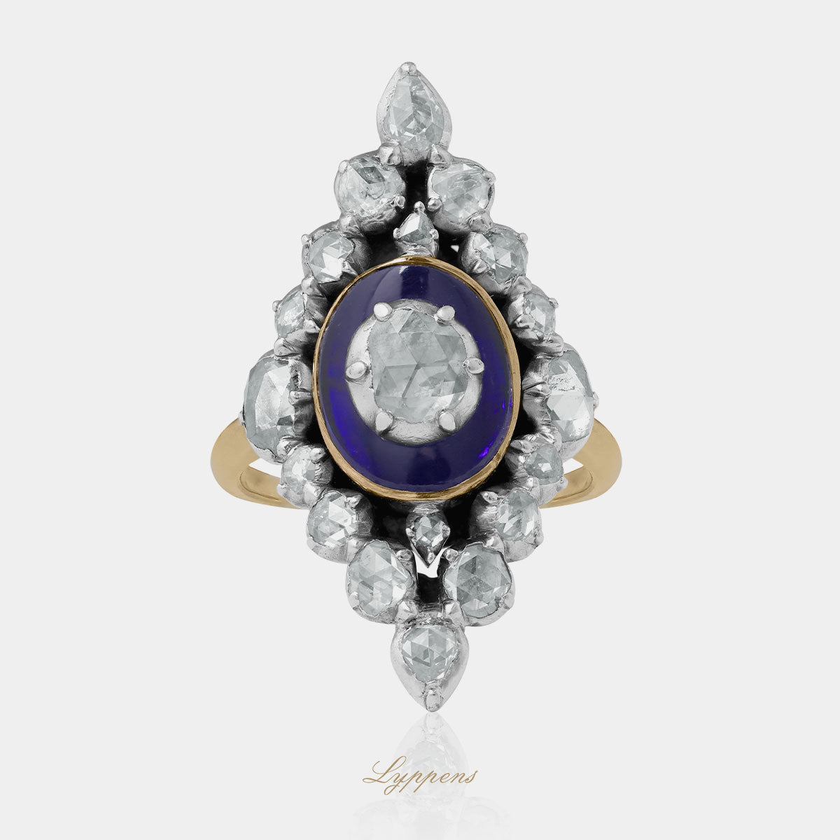 Geelgouden met zilveren Victoriaanse ring met emaille en roosdiamant