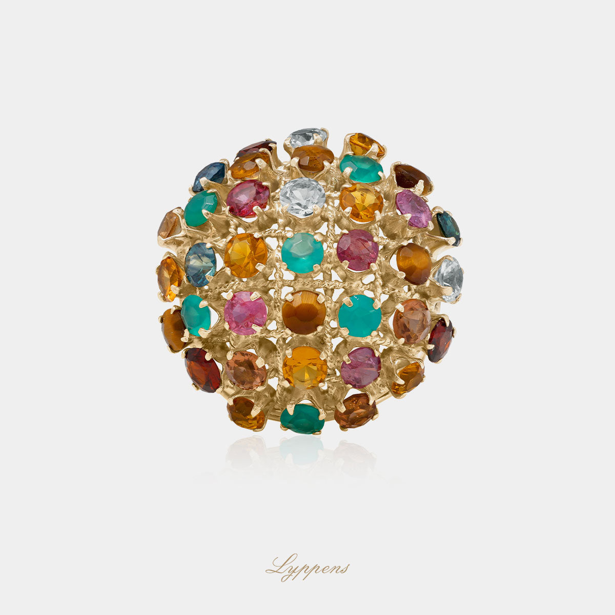Geelgouden vintage jaren '60 ring gezet met imitatie stenen.