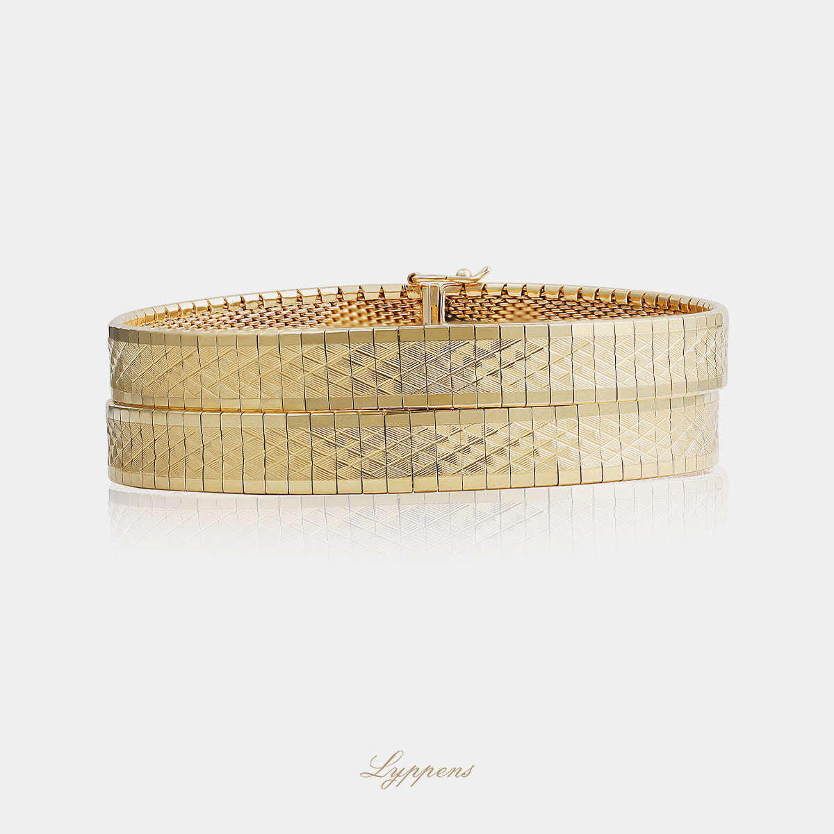 18kt geelgouden vintage jaren 70 armband met ruitjespatroon en dubbele band