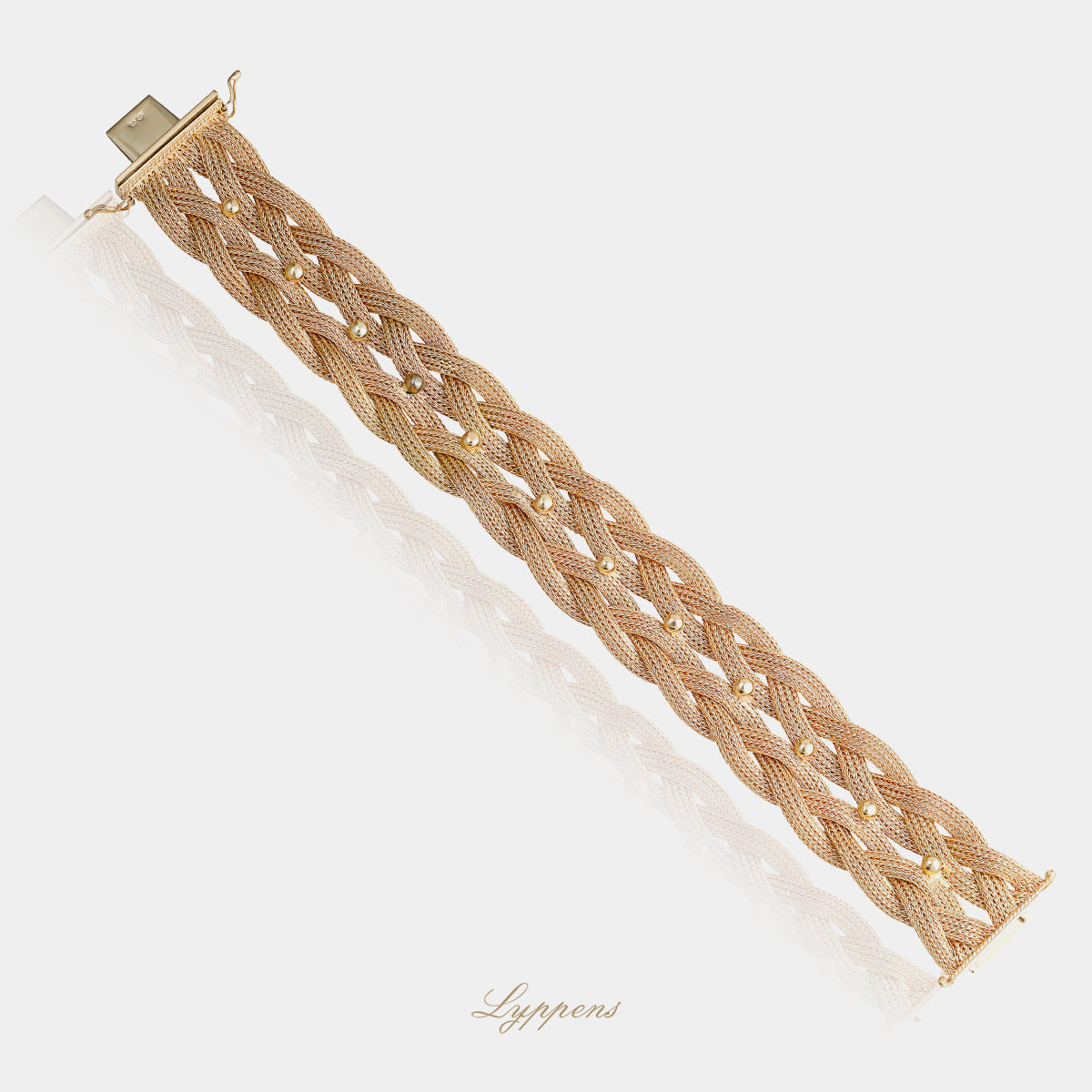Vintage 18 karaat geelgouden gevlochten armband jaren 60 met bolletjes decoratie