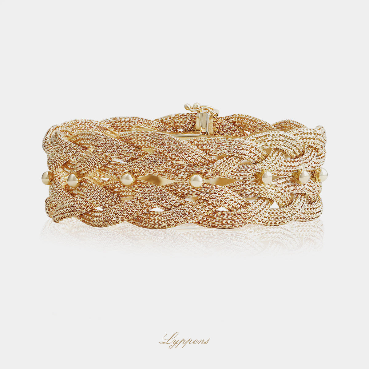 18kt geelgouden vintage jaren 60 gevlochten armband met gouden bolletjes