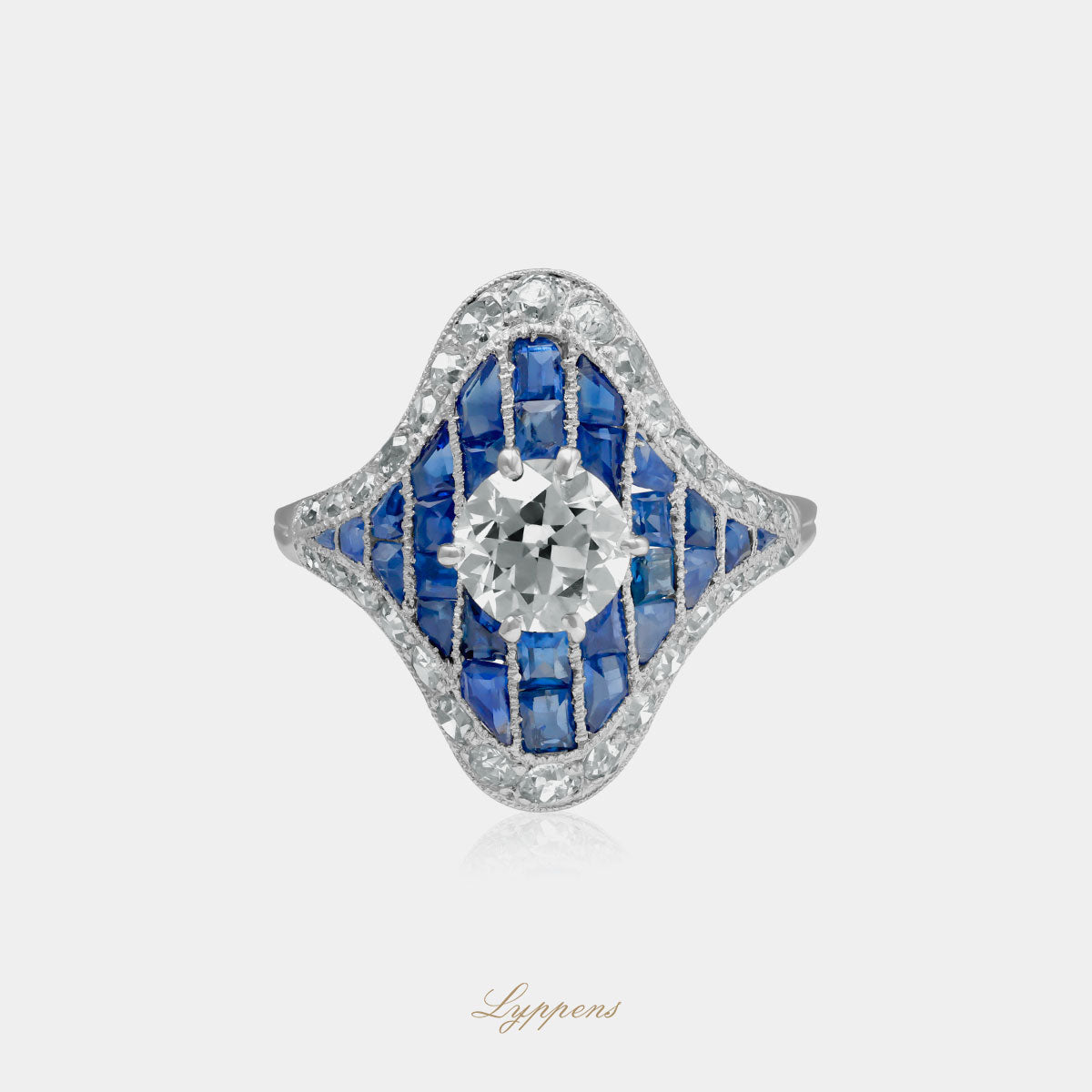 Platinum Art Deco ring with sapphire and diamonds
