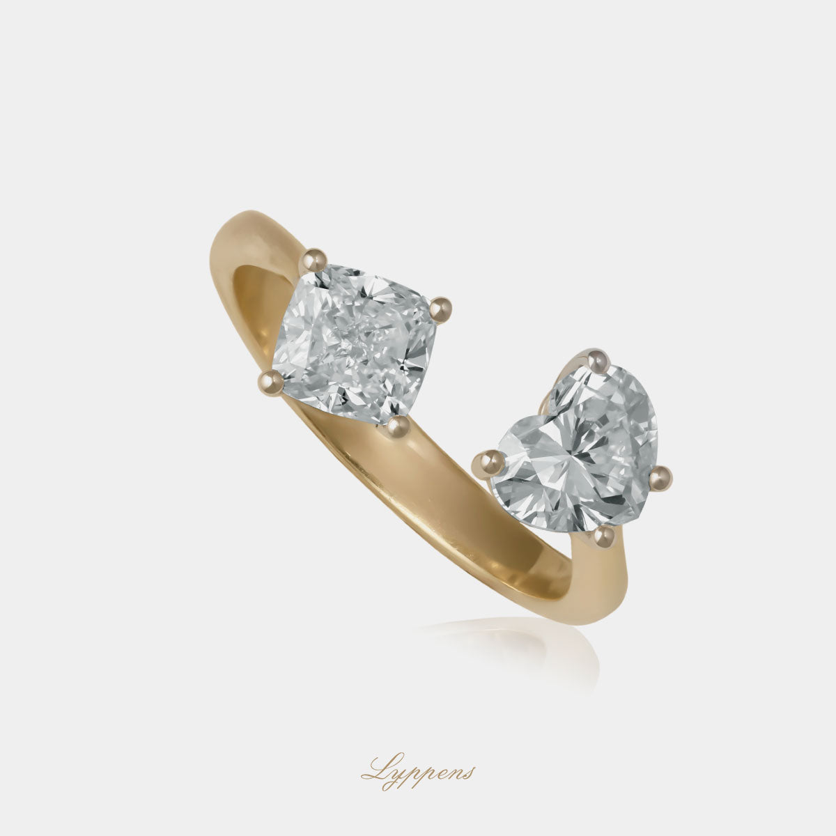Geel- en witgouden toi et moi ring met hart en cushion geslepen diamanten