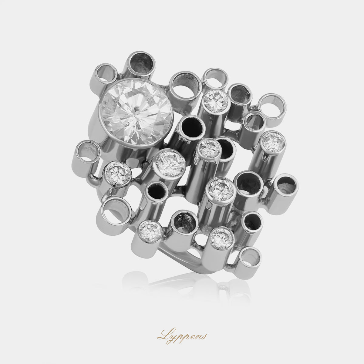 Vintage witgoud en platina ring met buisvormig design en briljant diamant 2.62ct