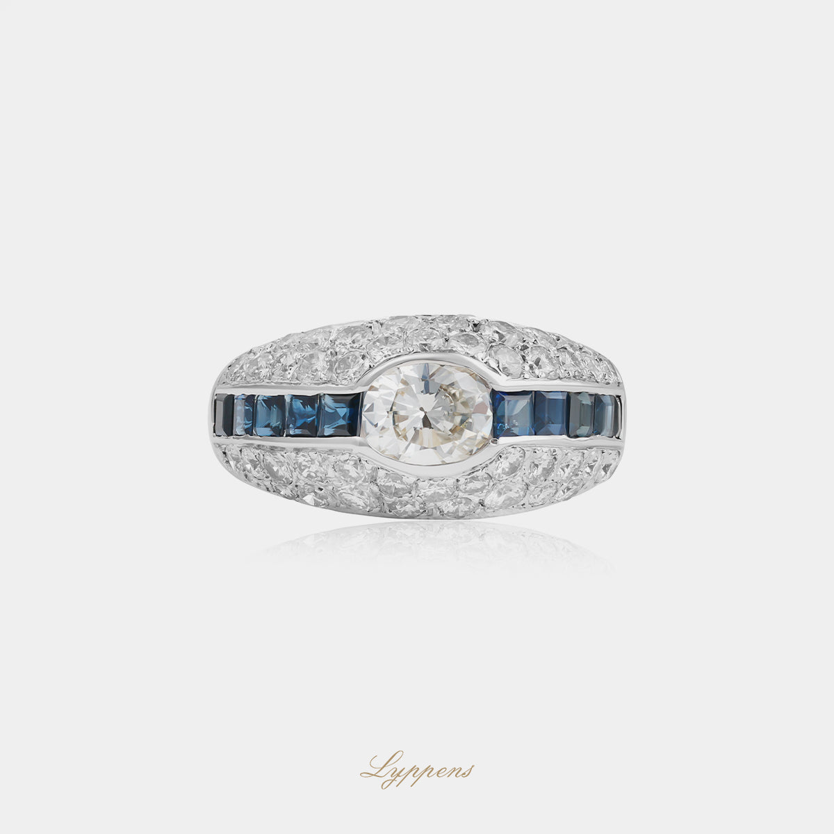 Witgouden vintage ring met diamant en saffier