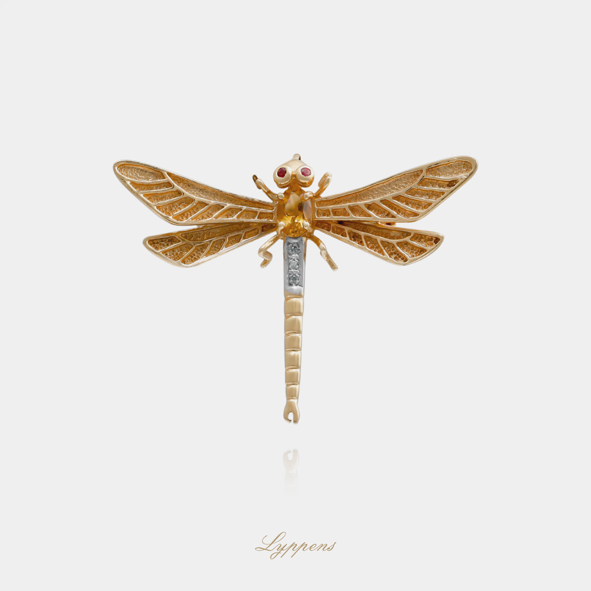 14kt geelgouden vintage libelle vormige broche gezet met citrien en diamant