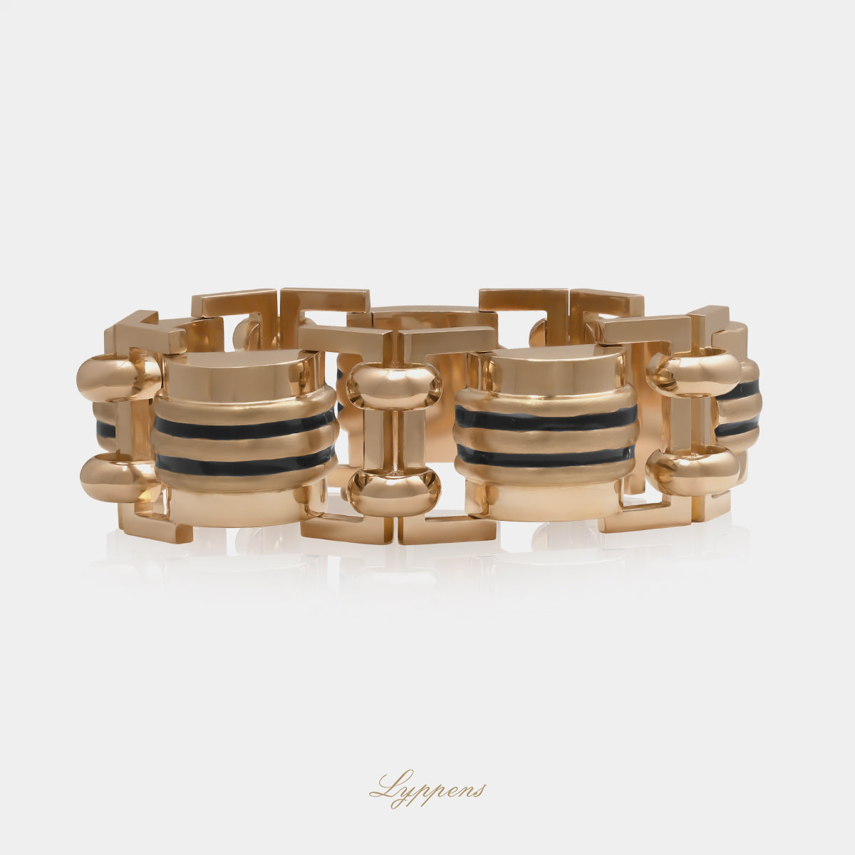 19kt roségouden massieve vintage jaren '50 armband gedecoreerd met zwarte emaille