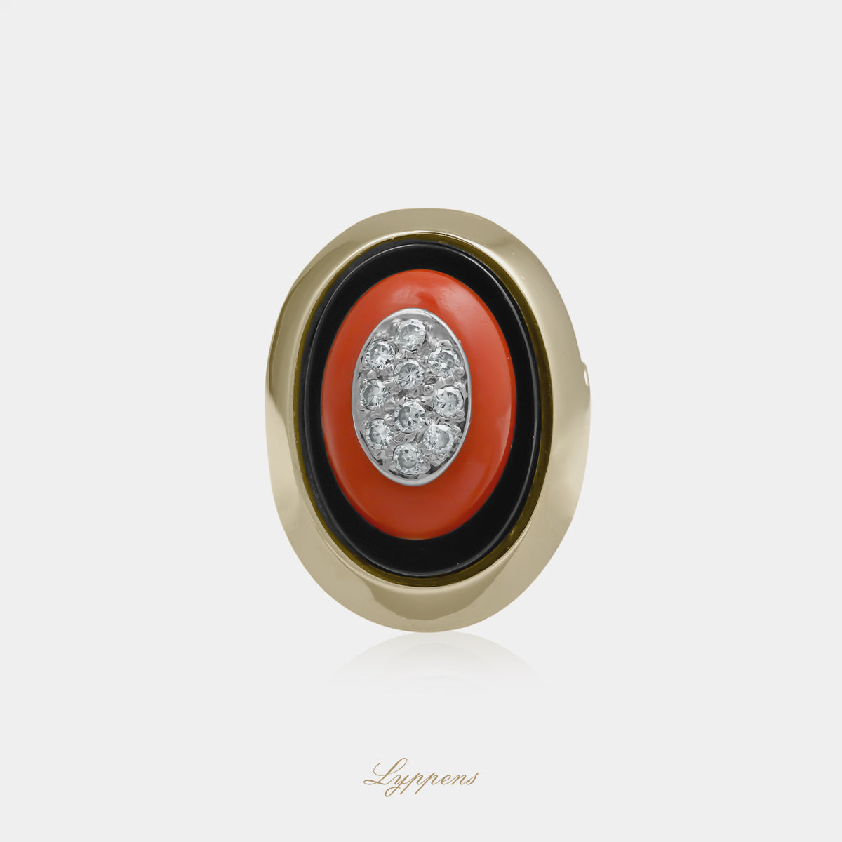 14kt geelgouden vintage jaren '70 ring gezet met onyx, bloedkoraal en briljant geslepen diamant