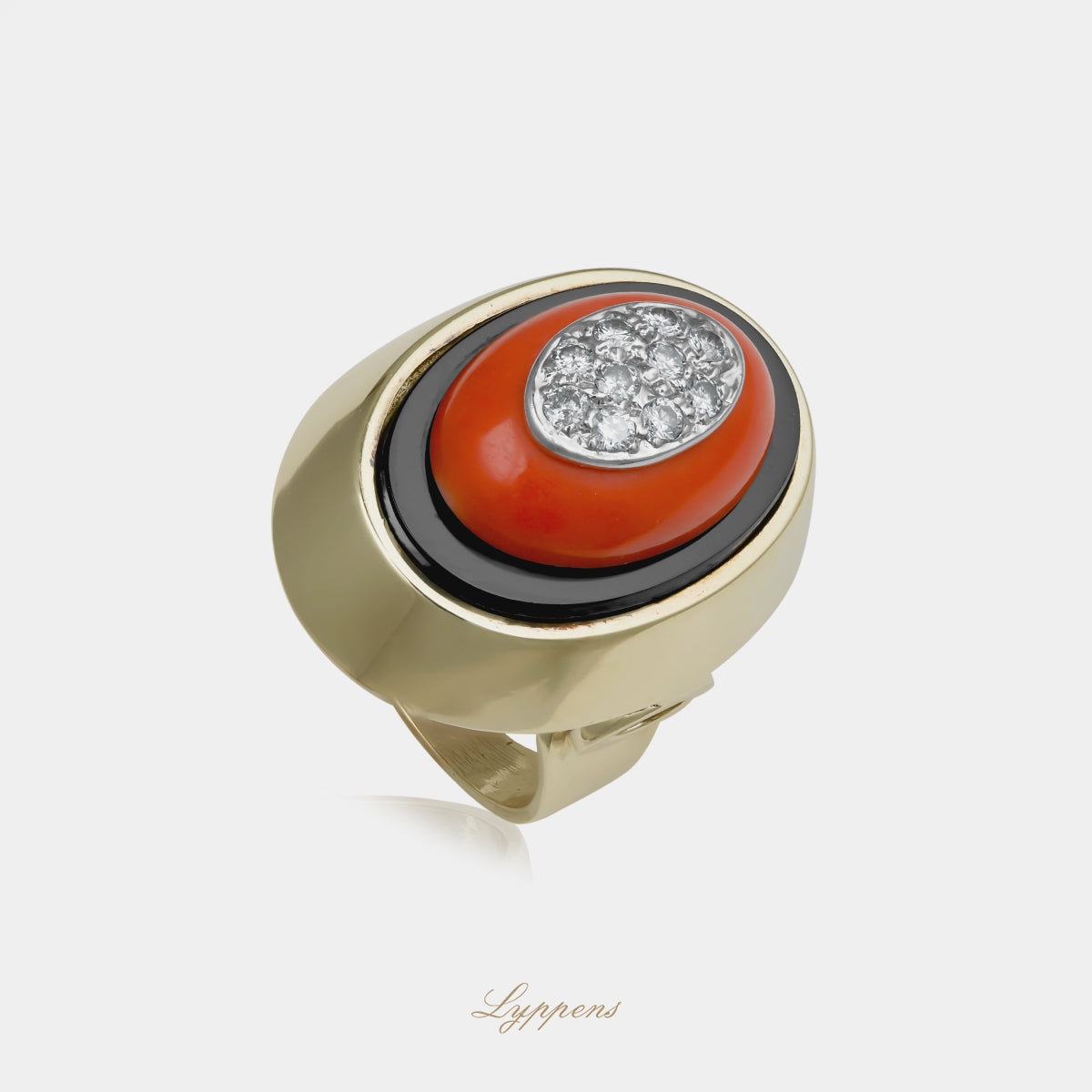14kt geelgouden vintage jaren '70 ring gezet met onyx, bloedkoraal en briljant geslepen diamant