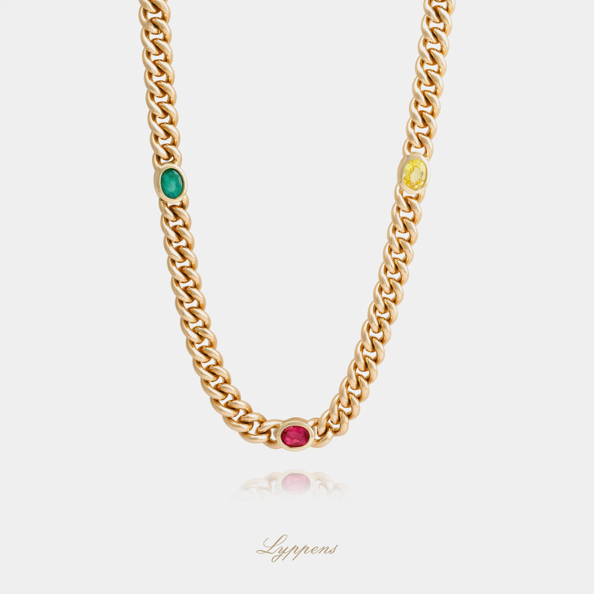 14kt geelgouden gourmet schakelcollier met ovaal geslepen aquamarijn, amethist, smaragd, rubeliet en citrien