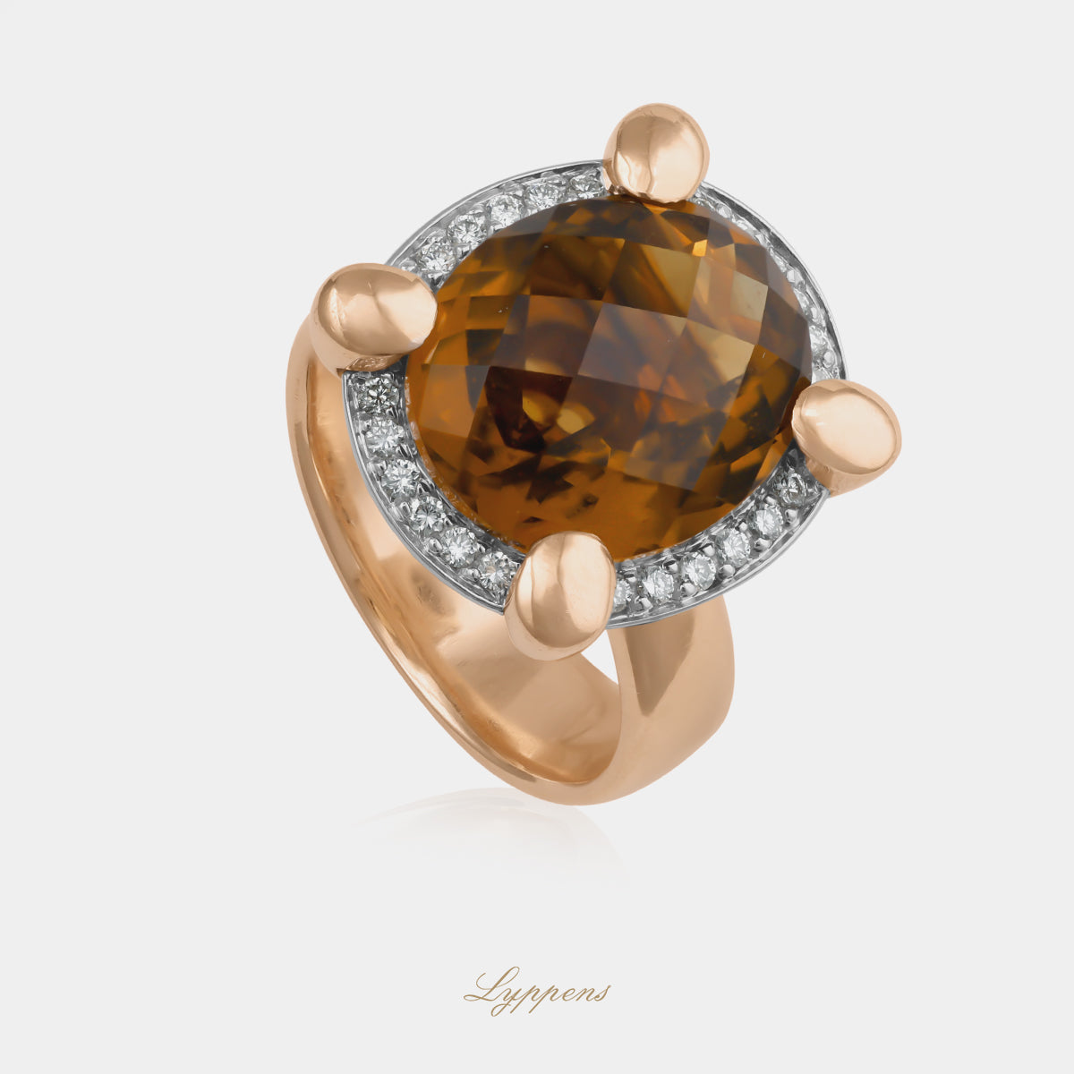 Roségouden entourage ring met rookkwarts en diamant