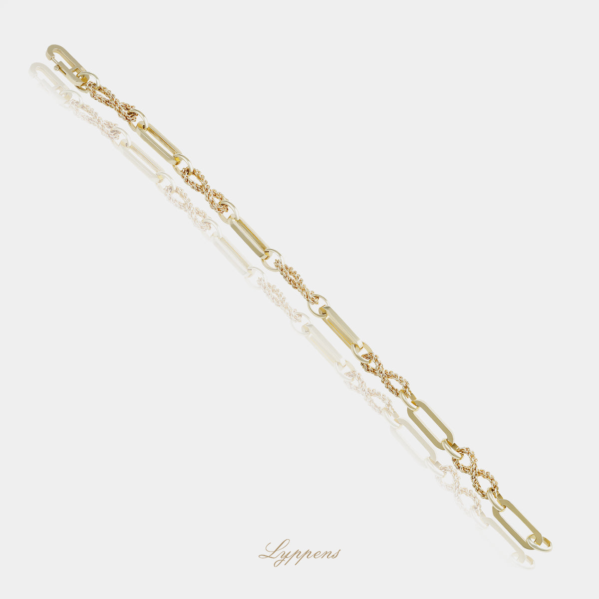 Vintage armband van 14kt geelgoud, opgebouwd uit open langwerpige en gedraaide schakels in een speels fantasieschakelontwerp
