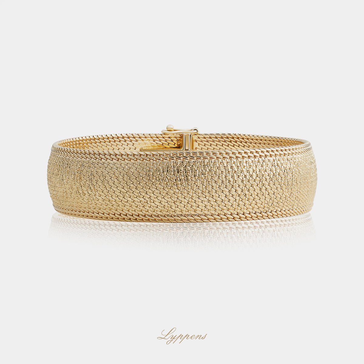 18kt geelgouden vintage jaren 60 Milanese schakelarmband met gematteerde afwerking, 19 cm