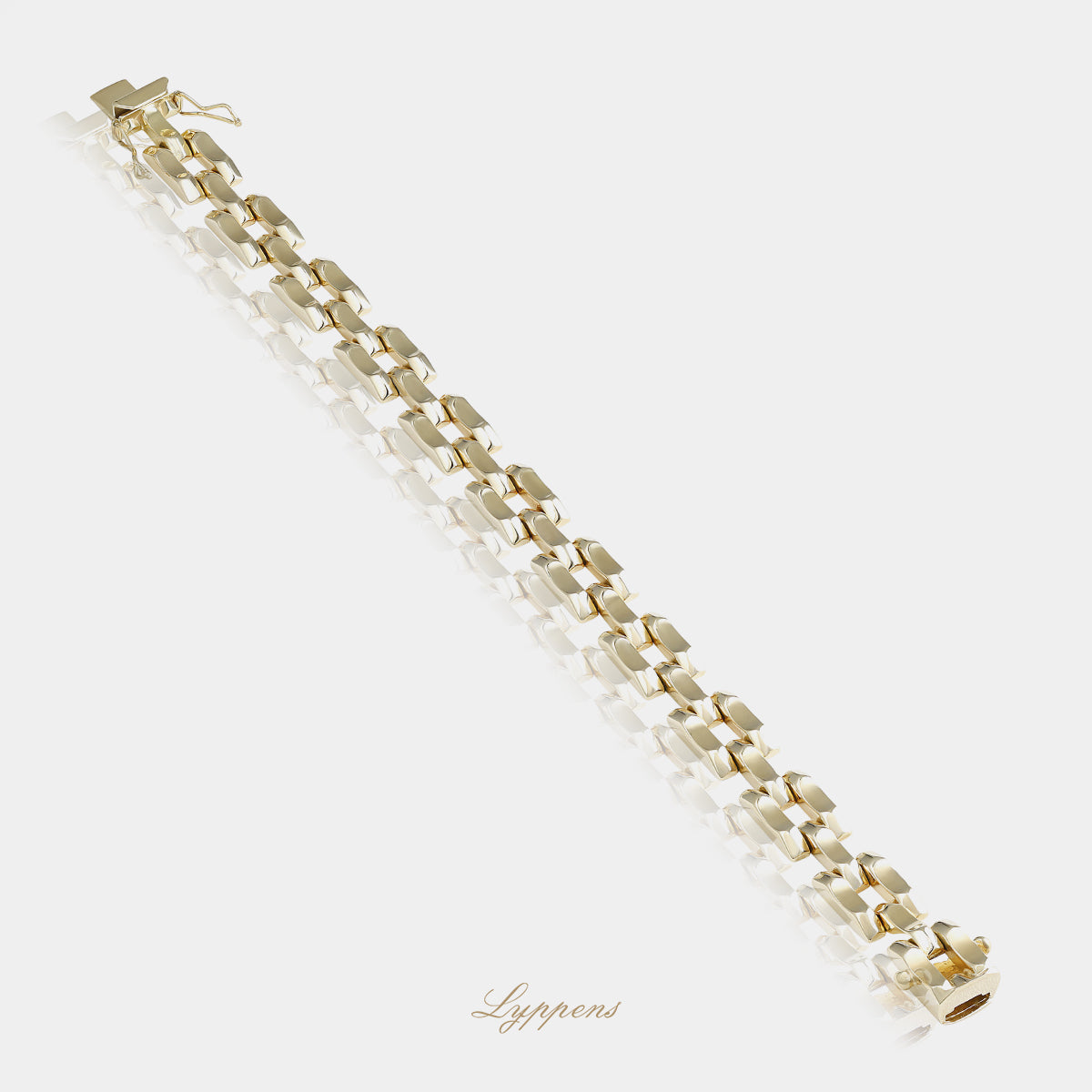 Vintage jaren ’60 armband van 14kt geelgoud, opgebouwd uit brede rechthoekige schakels met decoratieve tussenelementen