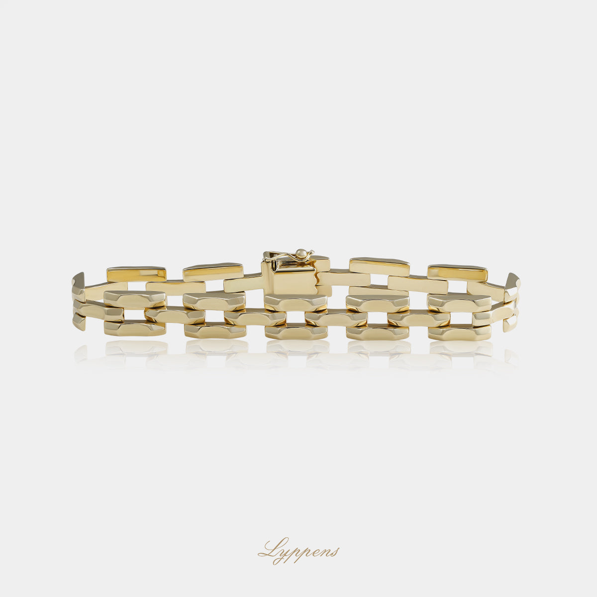 14kt geelgouden vintage armband uit de jaren ’60 met brede rechthoekige schakels en decoratief gevormde verbindingen