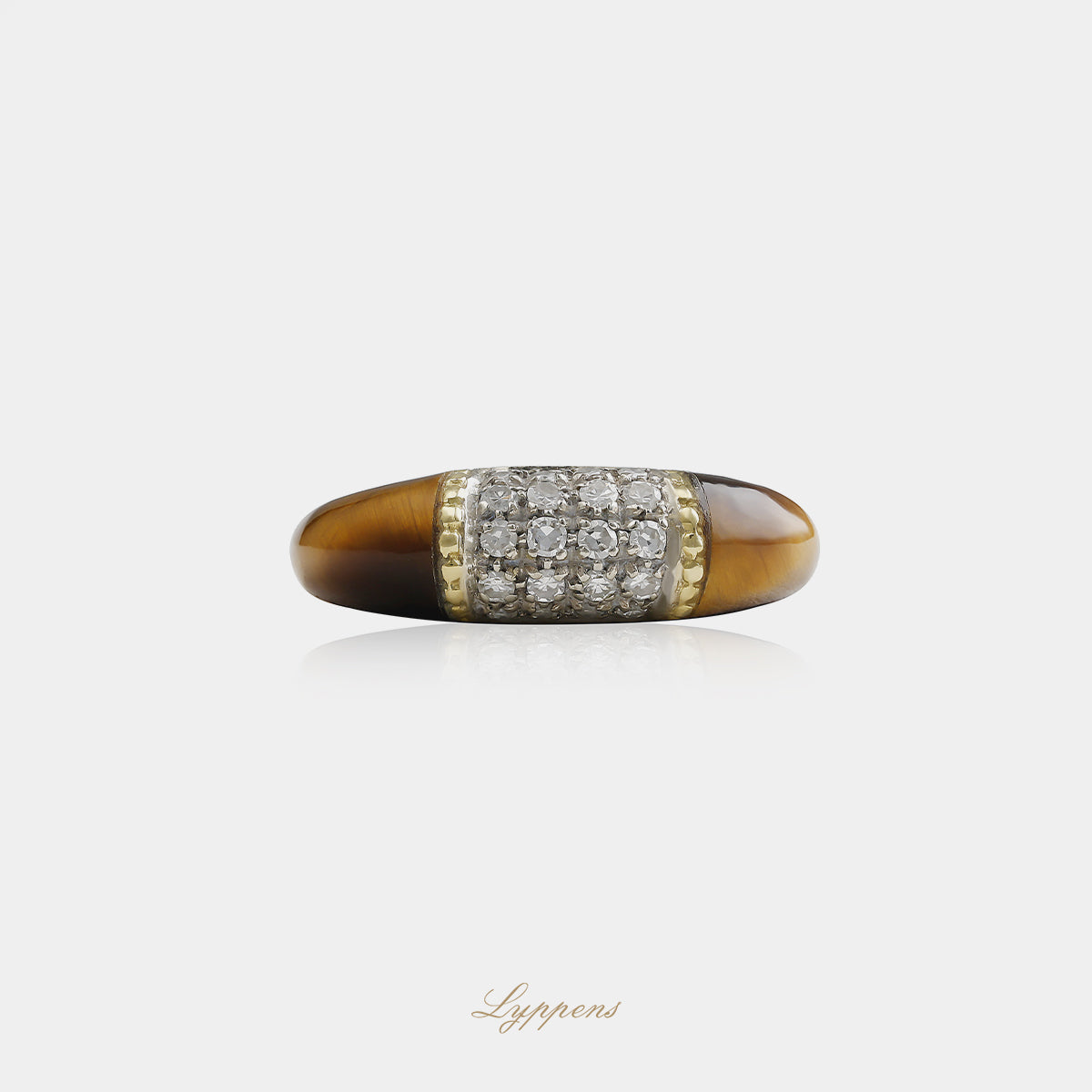 18kt geelgouden vintage jaren '70 ring met tijgeroog en pavé gezette achtkant geslepen diamanten van ca. 0.40ct