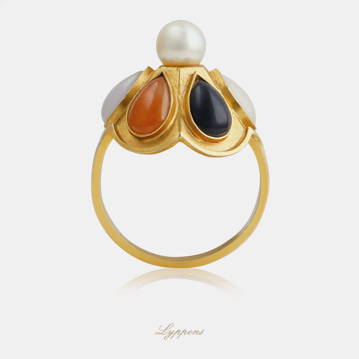 Unieke 14kt geelgouden jaren 70 statement ring met agaat, chalcedoon, aventurijn en parel