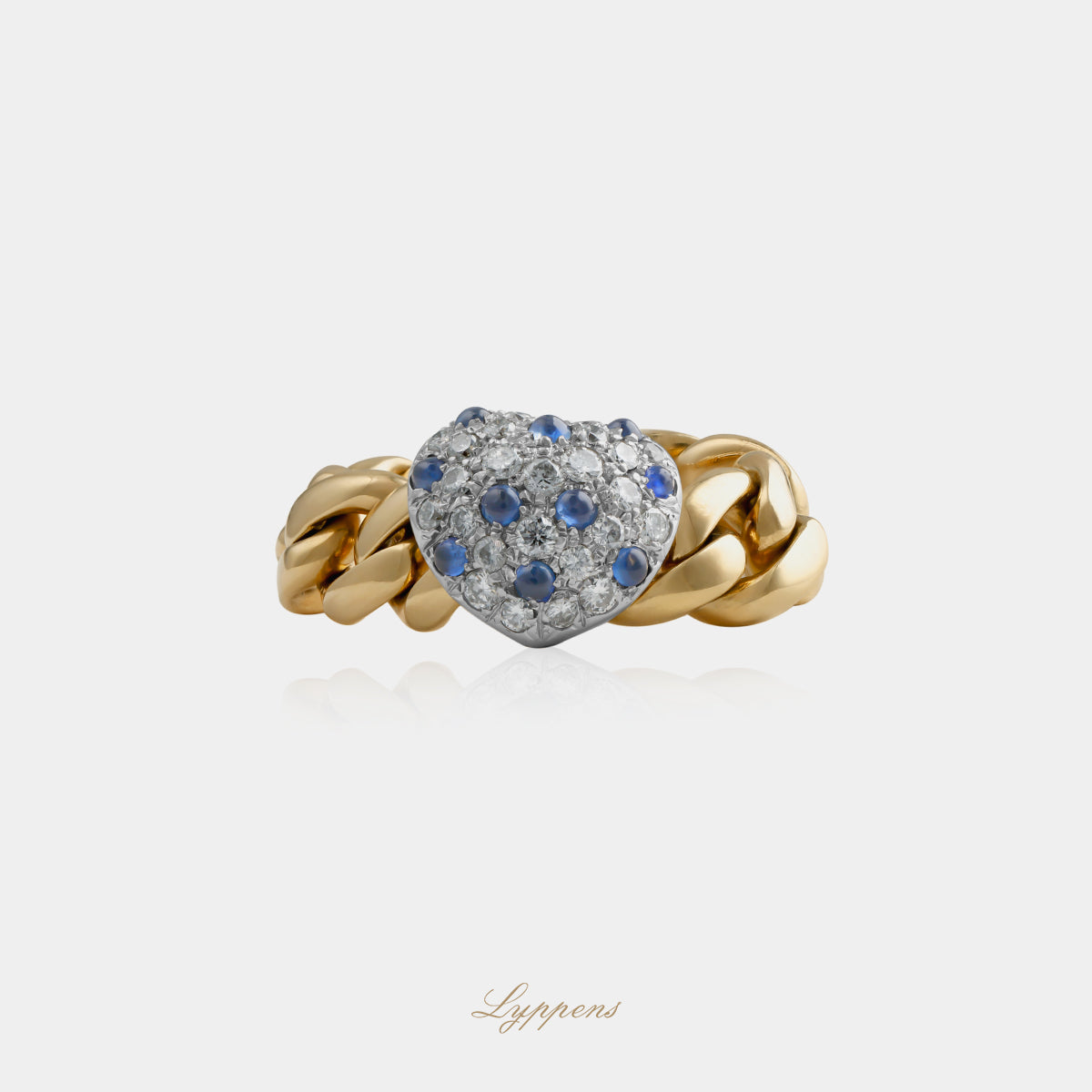 18kt geelgouden vintage flexibele schakelring met witgouden hart, saffier en ca. 0.54ct briljant geslepen diamant