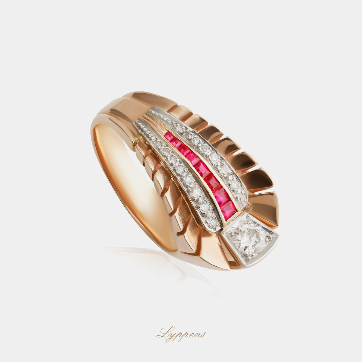 Rose gold vintage 1950s ring with ruby and diamonds