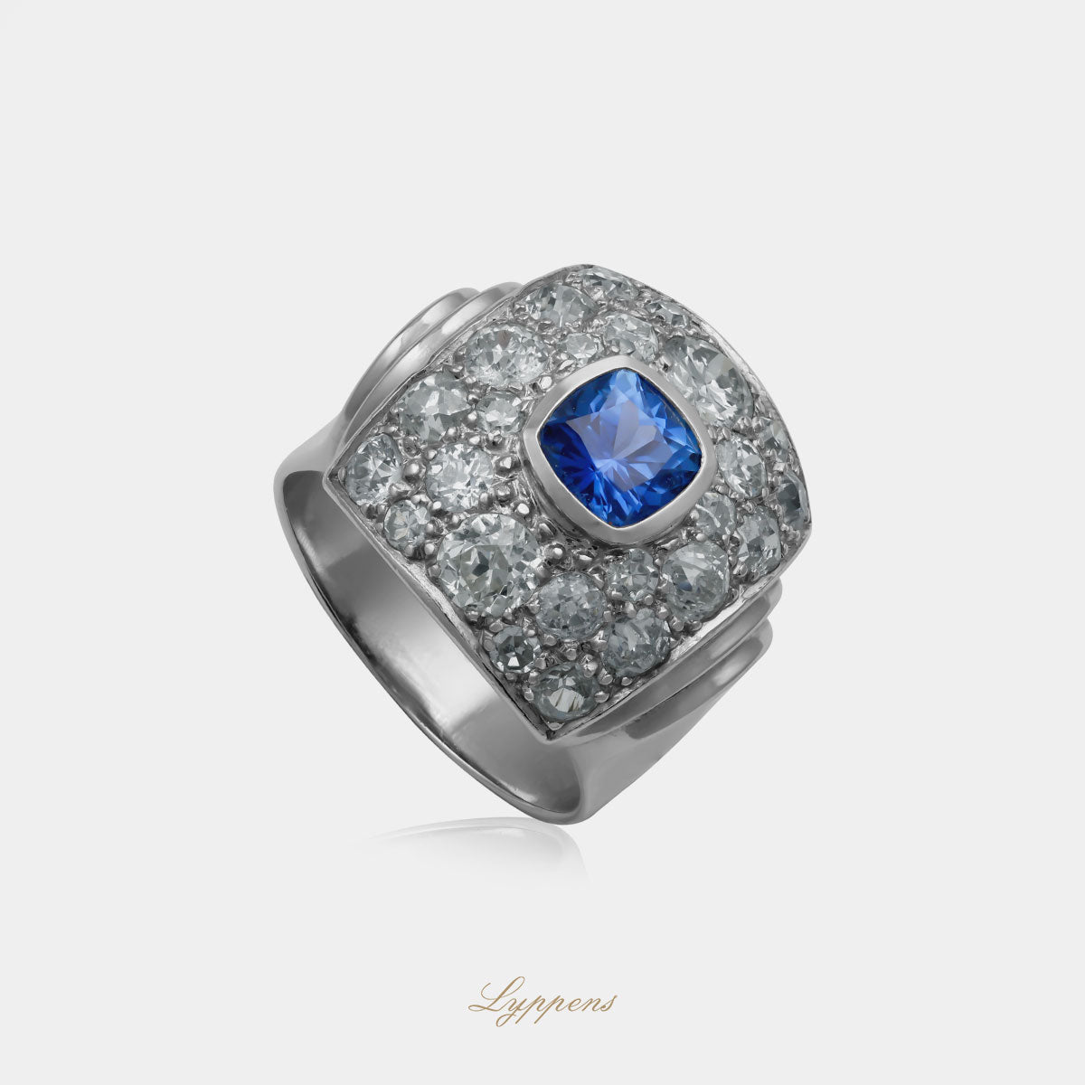 Witgouden vintage retro ring met diamant en onbehandelde saffier