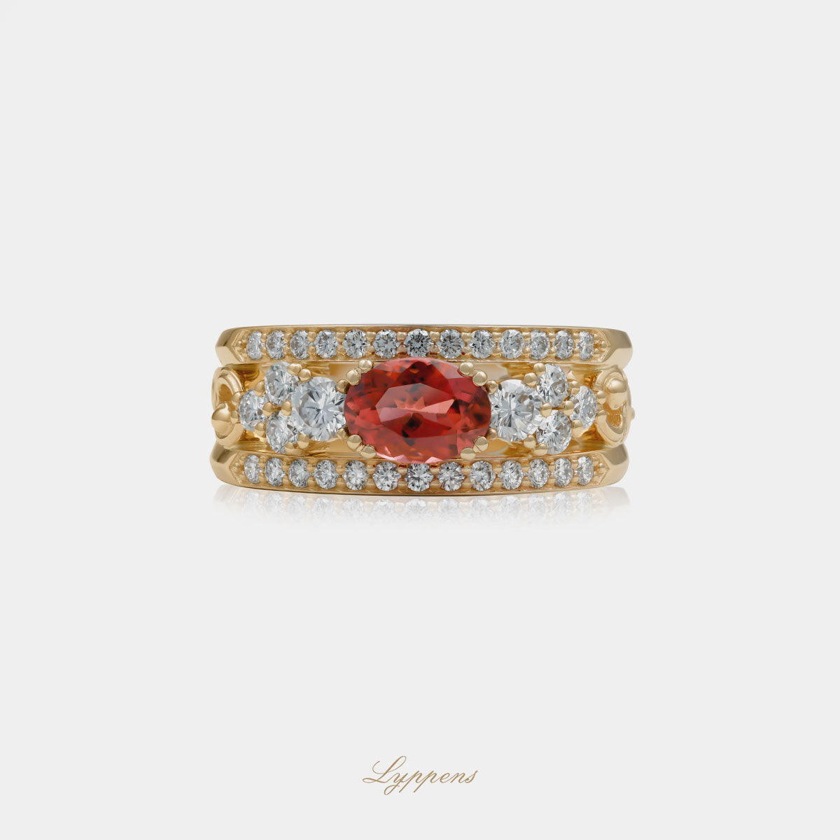 Yellow gold band ring with tourmaline and diamonds