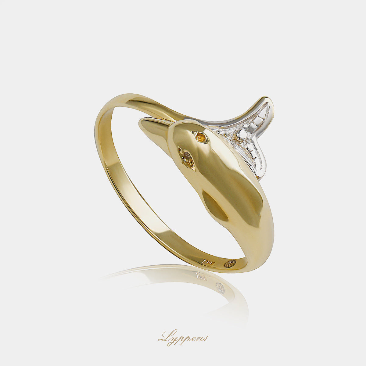 14 karaat geel- en witgouden ring in de vorm van een dolfijn, met achtkant geslepen diamanten ogen