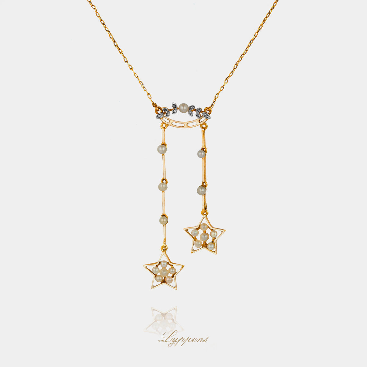 Geelgouden antieke negligecollier met twee losse ster elementen gezet met parel en diamant