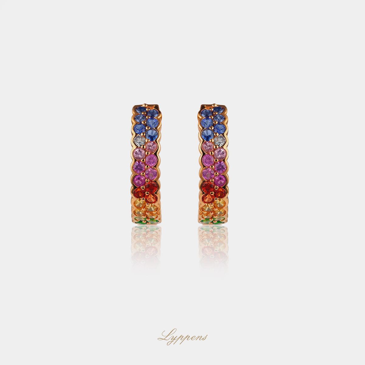 14kt roségouden oorringen met regenboog saffieren 1.61ct kleurrijk design