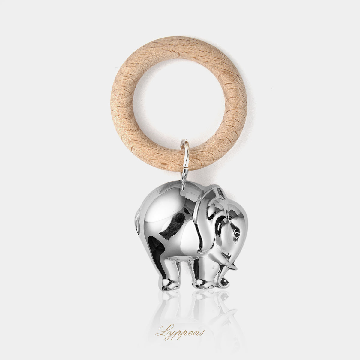 Eerste gehalte zilveren rammelaar in de vorm van een olifant.