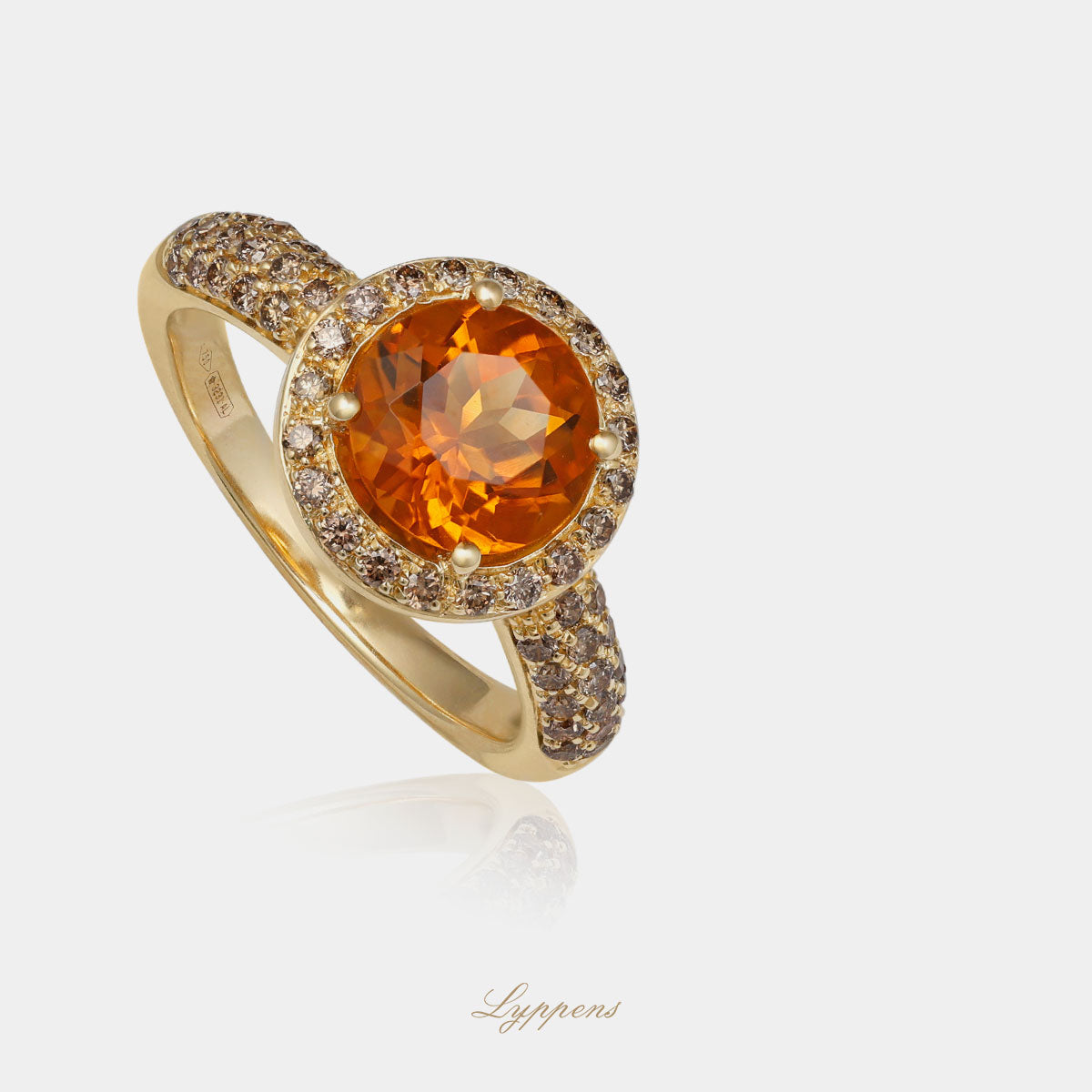 Yellow gold halo ring with citrine and brown diamonds