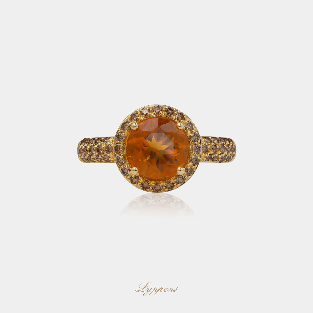 Yellow gold halo ring with citrine and brown diamonds