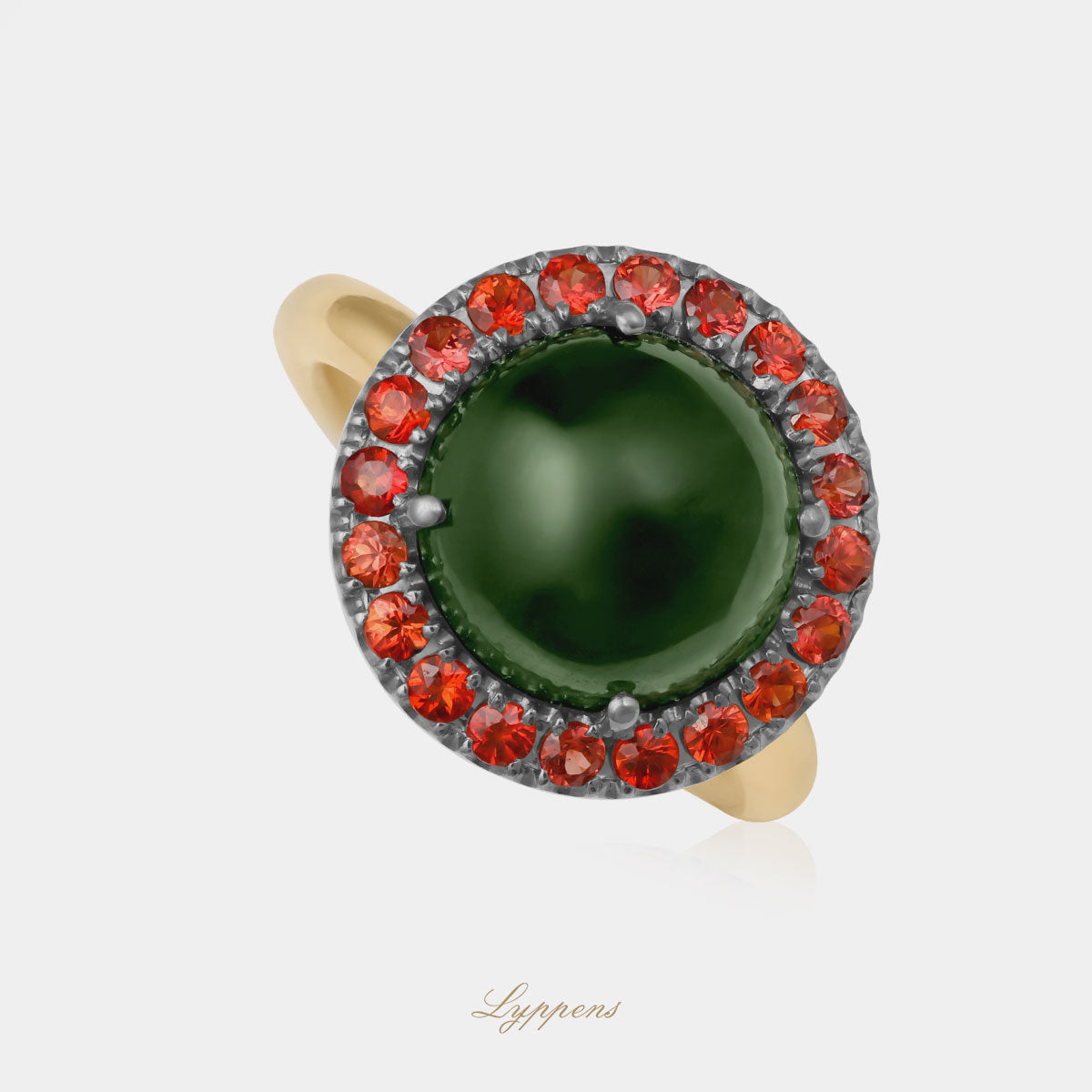 Yellow gold halo ring with red sapphire and tourmaline